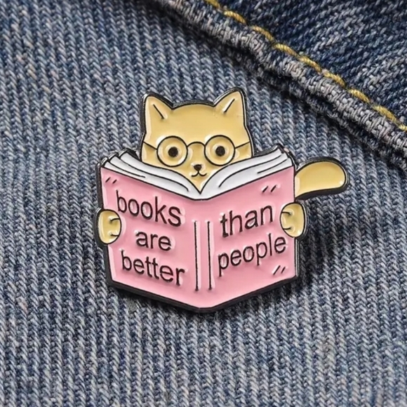 Jewelry - 3 for $10 "Books Are Better Than People" Enamel Pink Book & Cat Pin